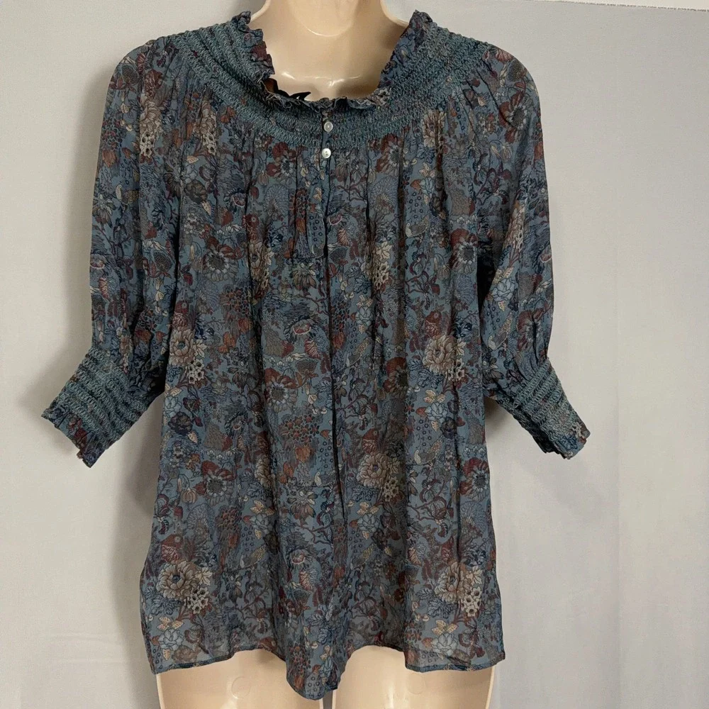 Frye Blouse Magdalena Smocked Floral Off Shoulder Blue Women XS NWT FWWF11848